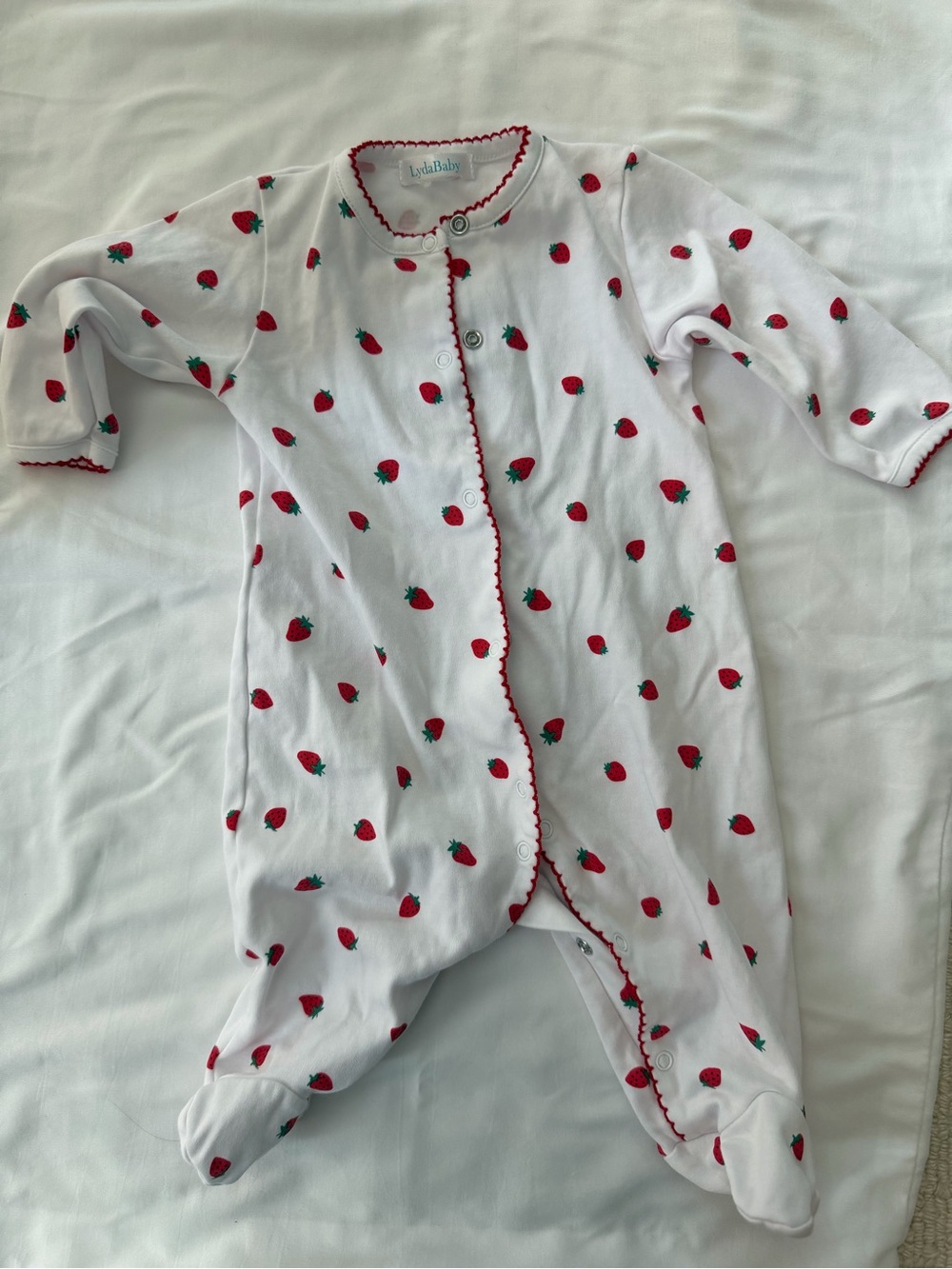 Lyda Baby Worn Once White Footed Sleep Sack with Red Strawberry Print